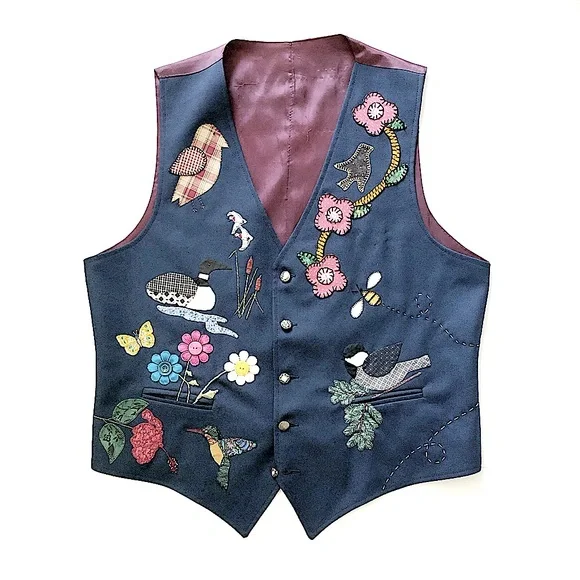 Vintage Handmade Funky Art Appliqué Embroidered Birds Flowers Unisex Vest - Picture 1 of 13